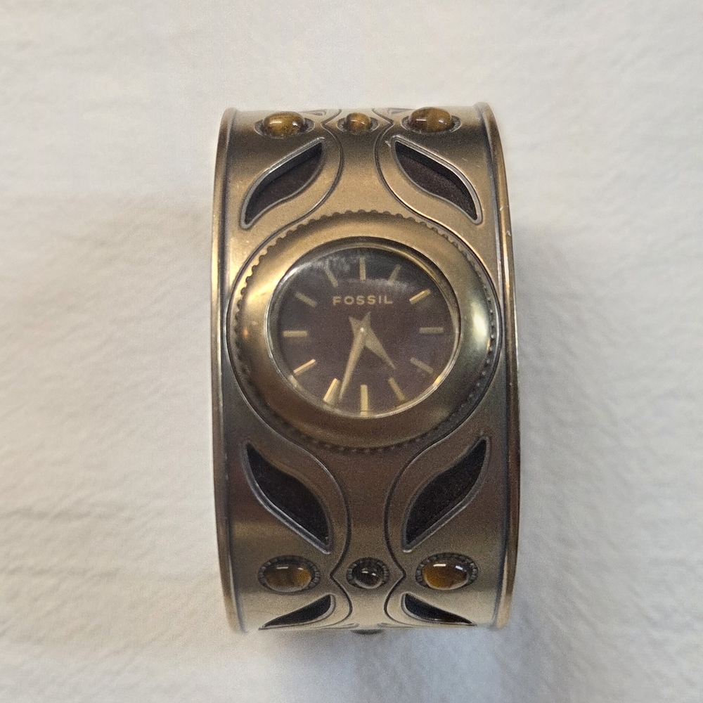 Fossil Cuff Watch, Metal, Lesther, Tiger's Eye